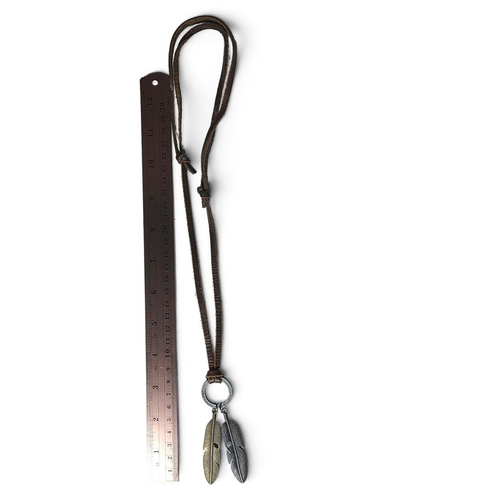 Vintage Boho Leather Cord Necklace Adjustable Double Feather Charm Pendant 30in